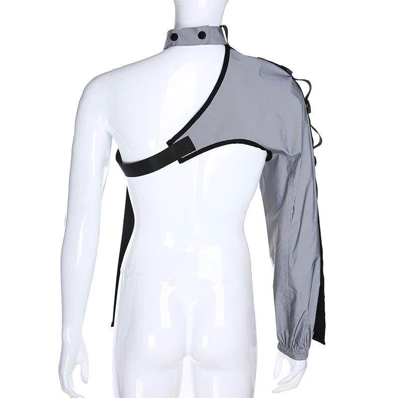 One shoulder reflective cami for women, trendy holographic outerwear with tie collar, perfect for rave outfits.