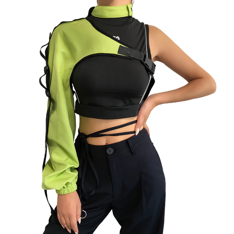 One shoulder reflective camis for women in black and neon green, perfect for trendy outfits and rave styles.