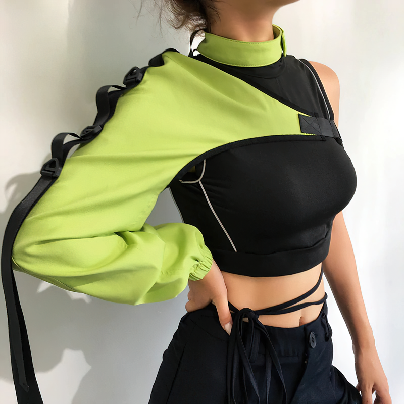 One shoulder reflective camis for women with neon green and black design, perfect for trendy rave outfits.