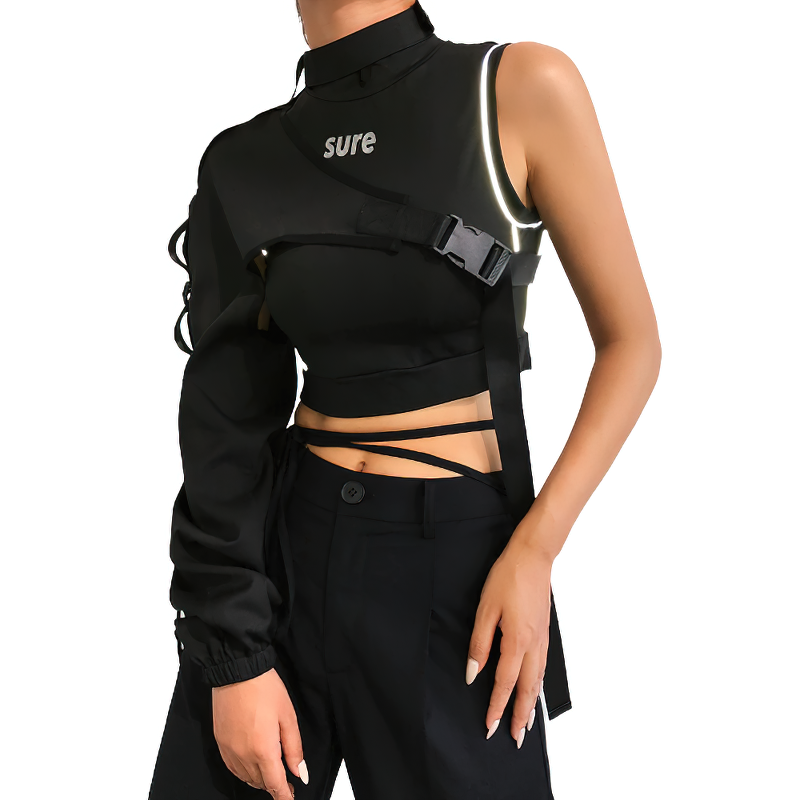 One shoulder reflective camis for women featuring a trendy design with a tie collar, perfect for rave outfits and stylish occasions.