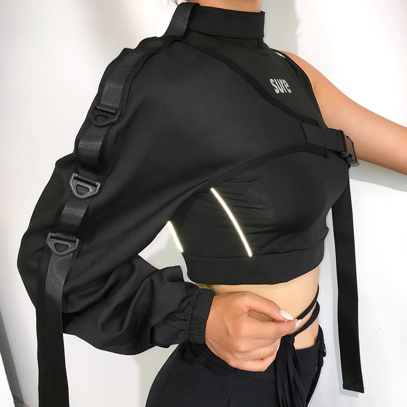 One shoulder reflective camis for women in black, featuring a chic tie collar and stylish straps.