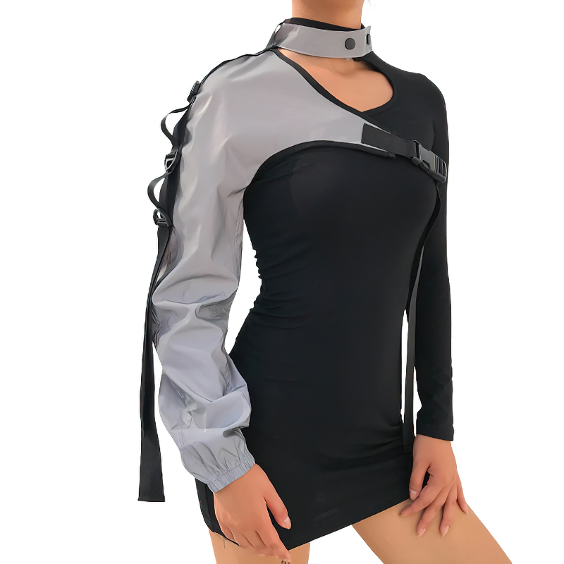 Model showcasing a stylish one shoulder reflective camis top with a chic tie collar and asymmetrical design.