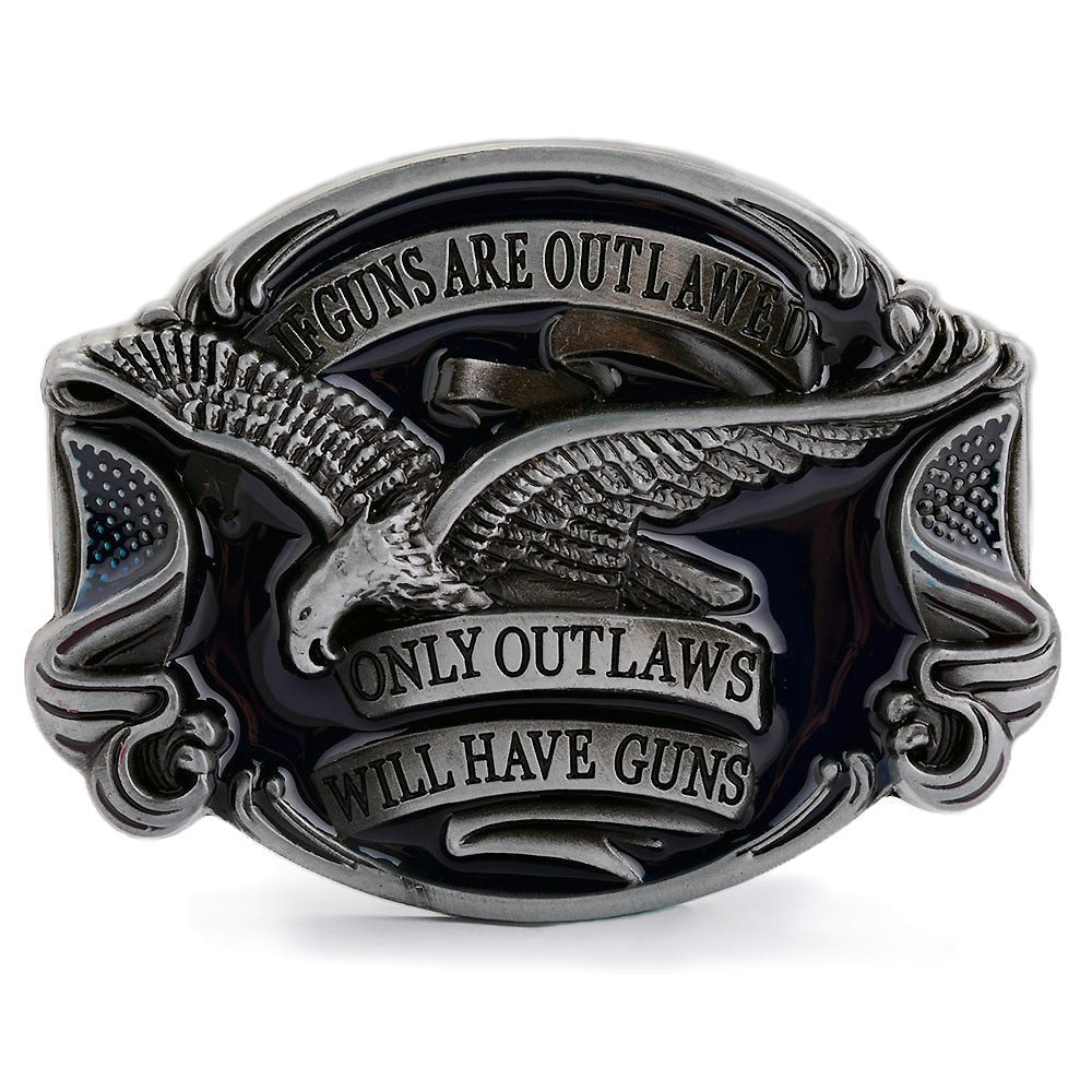 Metal belt buckle featuring an eagle and the phrase 'Only Outlaws Will Have Guns' in alternative fashion style.