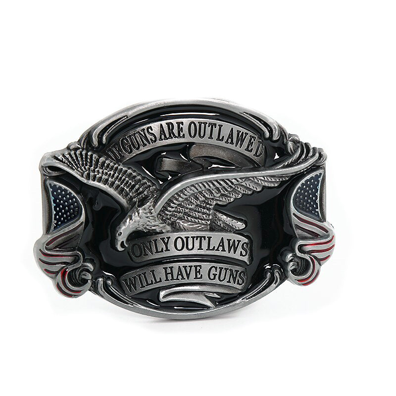 American Eagle belt buckle featuring an eagle with the phrase 'Only Outlaws Will Have Guns' as unique alternative fashion accessory.