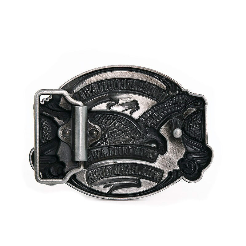 American Eagle Belt Buckle featuring an eagle and 'ONLY OUTLAWS Will Have Guns' text for alternative fashion.