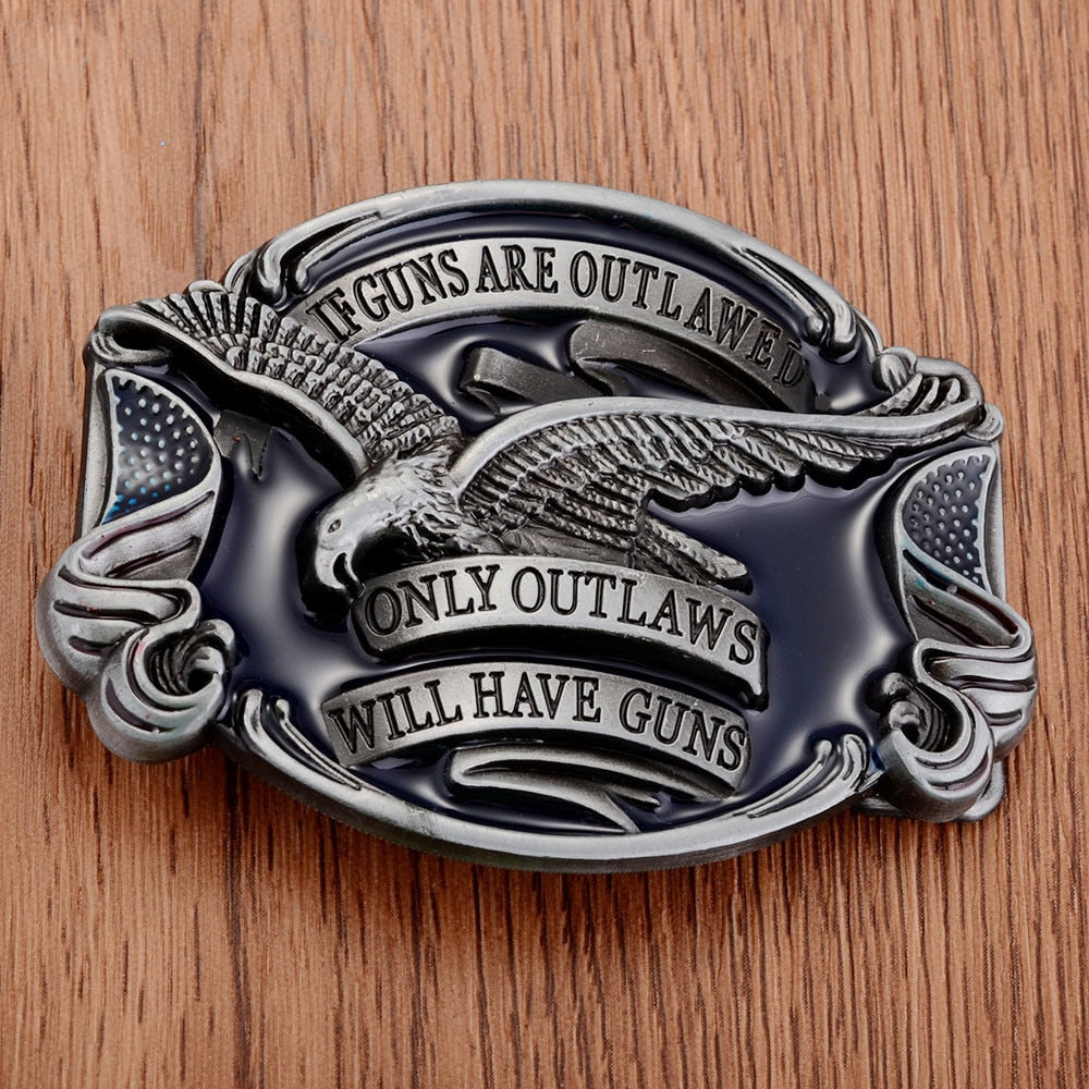 ONLY OUTLAWS Will Have Guns American Eagle Belt Buckle showcasing intricate design and alternative fashion style.