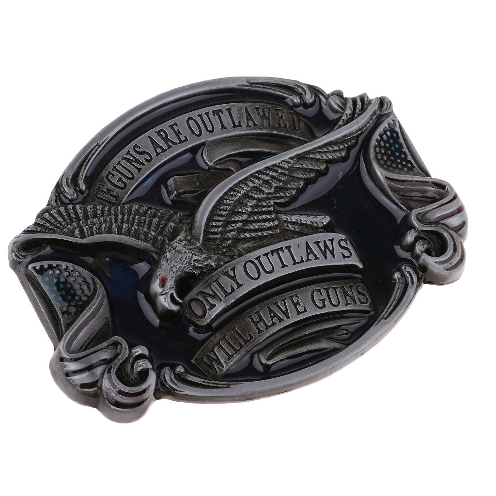 American Eagle belt buckle with the phrase 'ONLY OUTLAWS Will Have Guns' showcasing alternative fashion style.