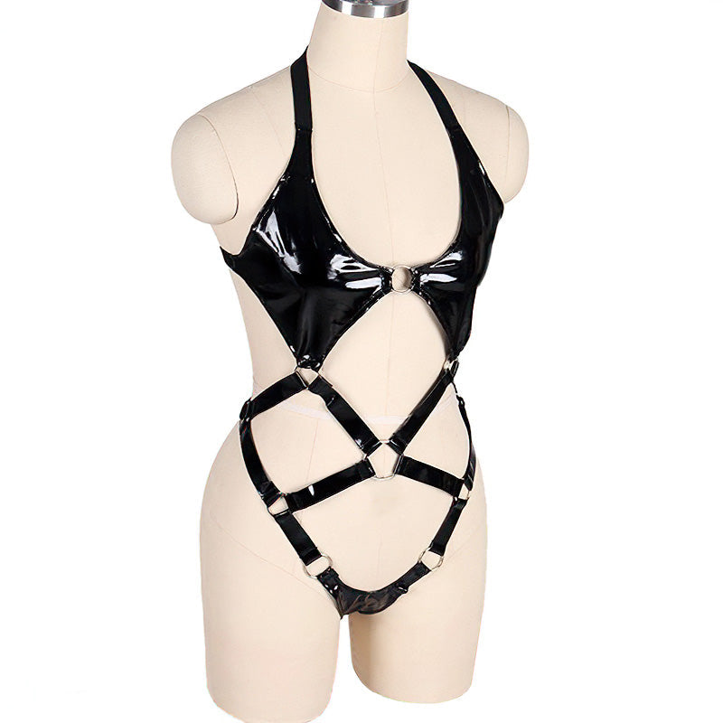 Open Butt Women Bodysuit / Wet Look Patent Leather Body Harness / Gothic Underwear Role Play Costume - HARD'N'HEAVY