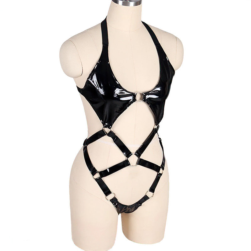 Open butt black patent leather bodysuit harness, perfect for gothic role play and seductive outfits.