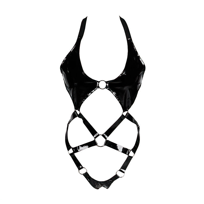 Open butt women bodysuit in glossy black patent leather, featuring a daring harness design and seductive cut-outs.