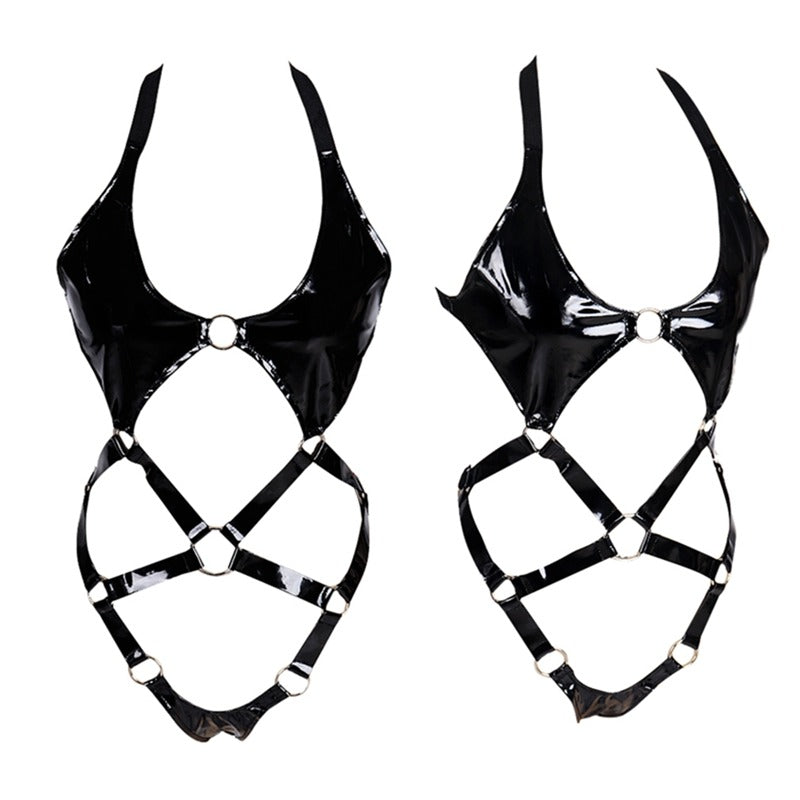 Open butt women's bodysuit in wet look patent leather with gothic design and harness straps, perfect for role play.