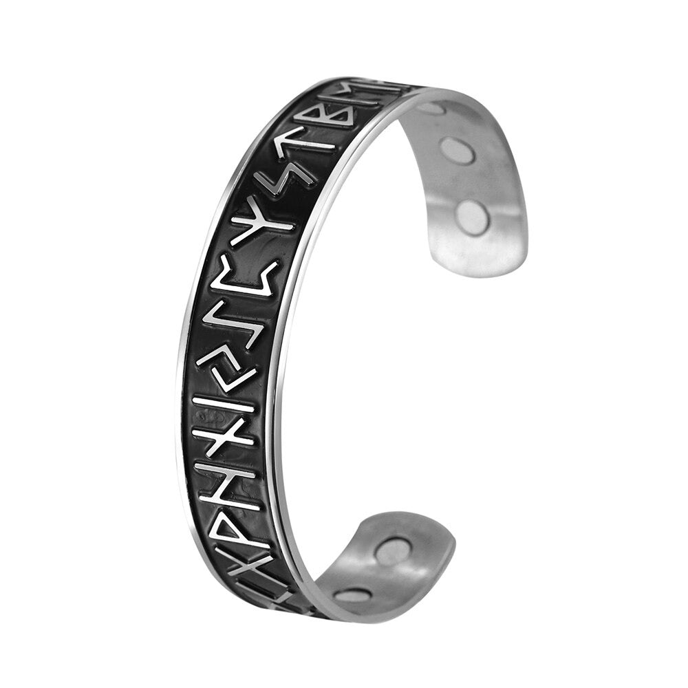 Open cuff magnetic therapy bracelet featuring antique Nordic rune designs, perfect for vintage and cosplay outfits.
