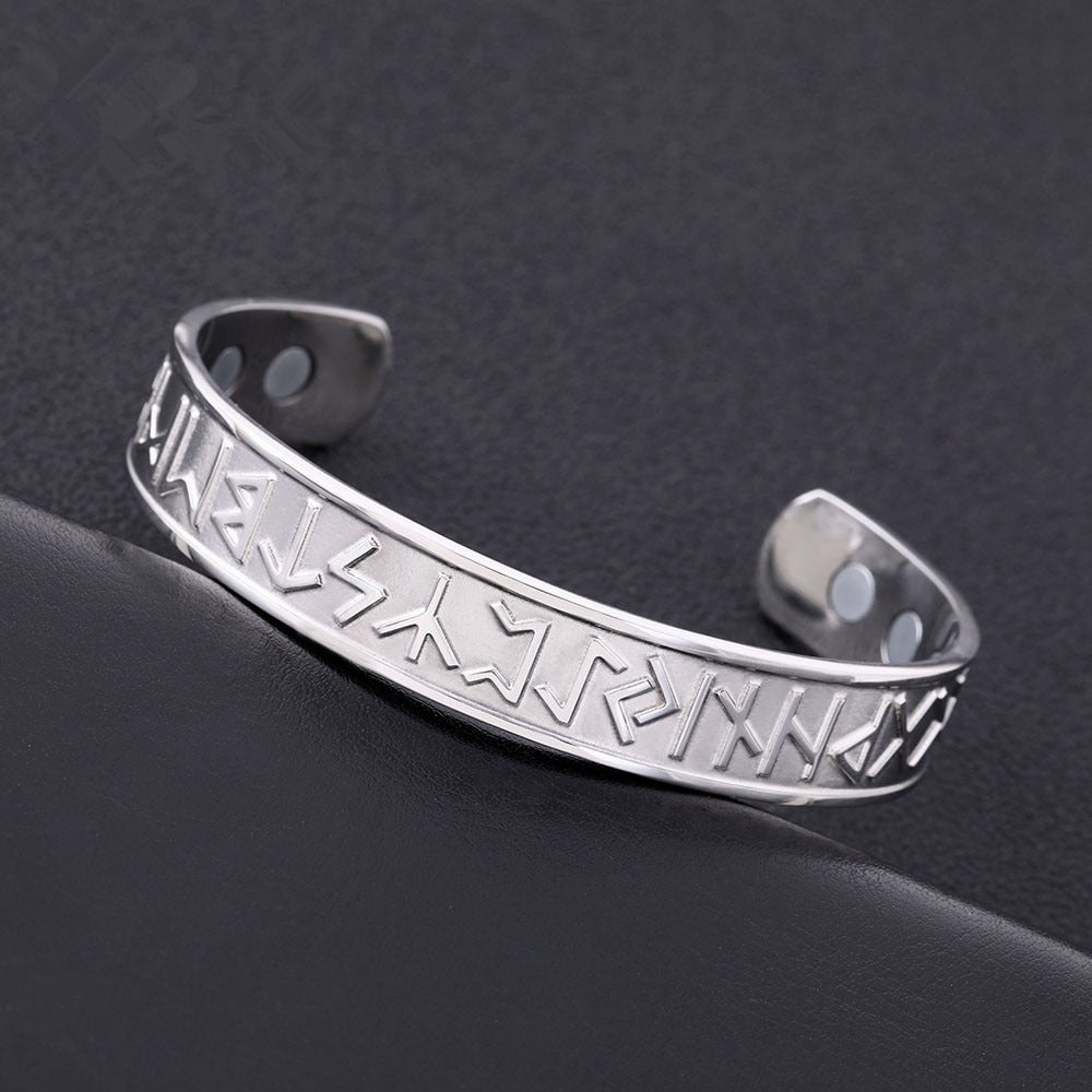 Open Cuff Magnetic Therapy Bracelet / Stainless Steel Unisex Bangle / Antique Nordic Rune Jewelry - HARD'N'HEAVY