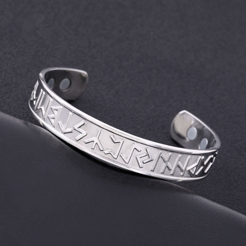 Open cuff magnetic therapy bracelet with antique Nordic runes design in stainless steel, perfect for vintage and cosplay outfits.