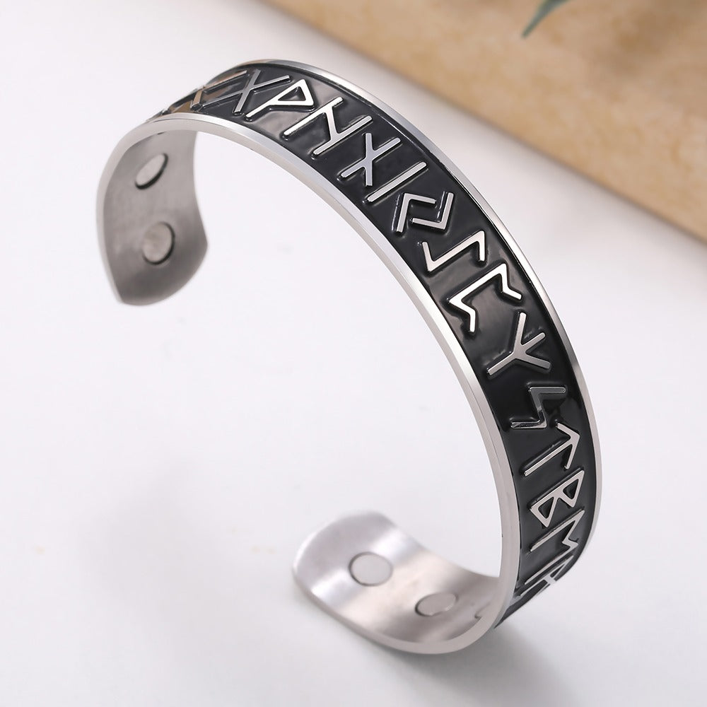 Vintage open cuff magnetic therapy bracelet with antique rune designs in stainless steel, perfect for unisex cosplay and everyday wear.