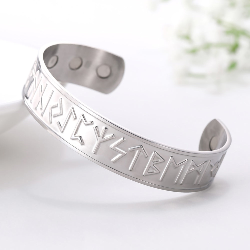 Open cuff magnetic therapy bracelet with antique Nordic rune design, perfect for vintage and cosplay outfits.