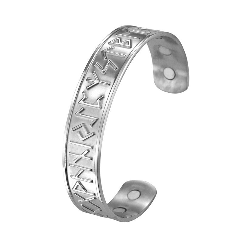 Open Cuff Magnetic Therapy Bracelet in stainless steel with antique Nordic rune design, perfect for vintage and cosplay outfits.