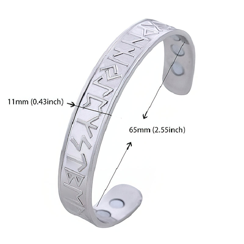 Open cuff magnetic therapy bracelet with Nordic rune design, stainless steel, measuring 11mm width x 65mm length.