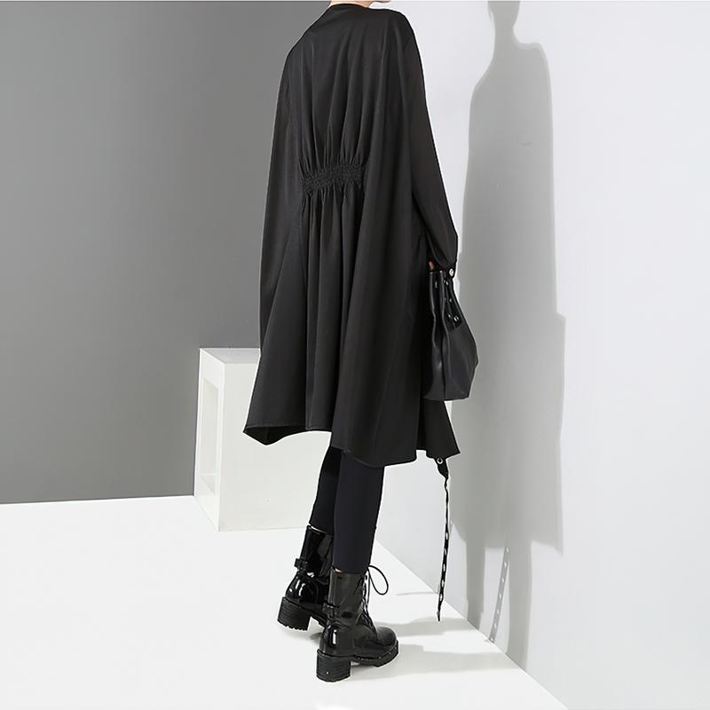 Open Women's Black Lightweight Coat / Ladies Loose Cloak Coat With Long Tapes And Metal Holes - HARD'N'HEAVY