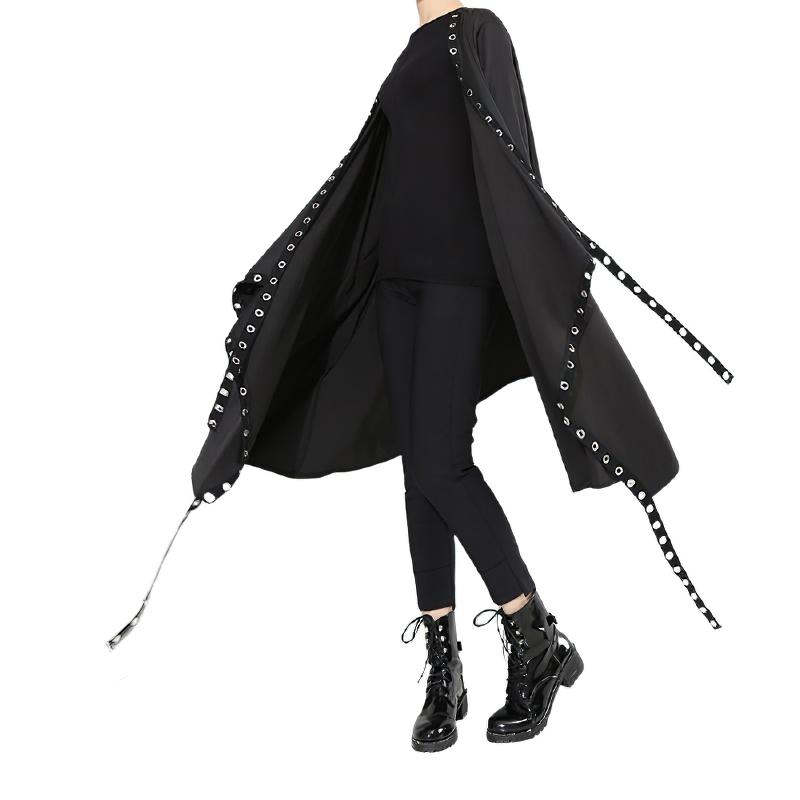 Open Women's Black Lightweight Coat / Ladies Loose Cloak Coat With Long Tapes And Metal Holes - HARD'N'HEAVY