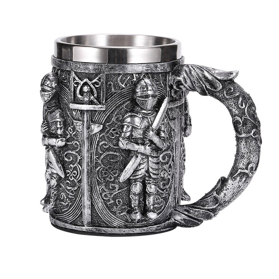 Vintage resin and stainless steel beer mug featuring royal warriors, perfect for retro pub style enjoyment.