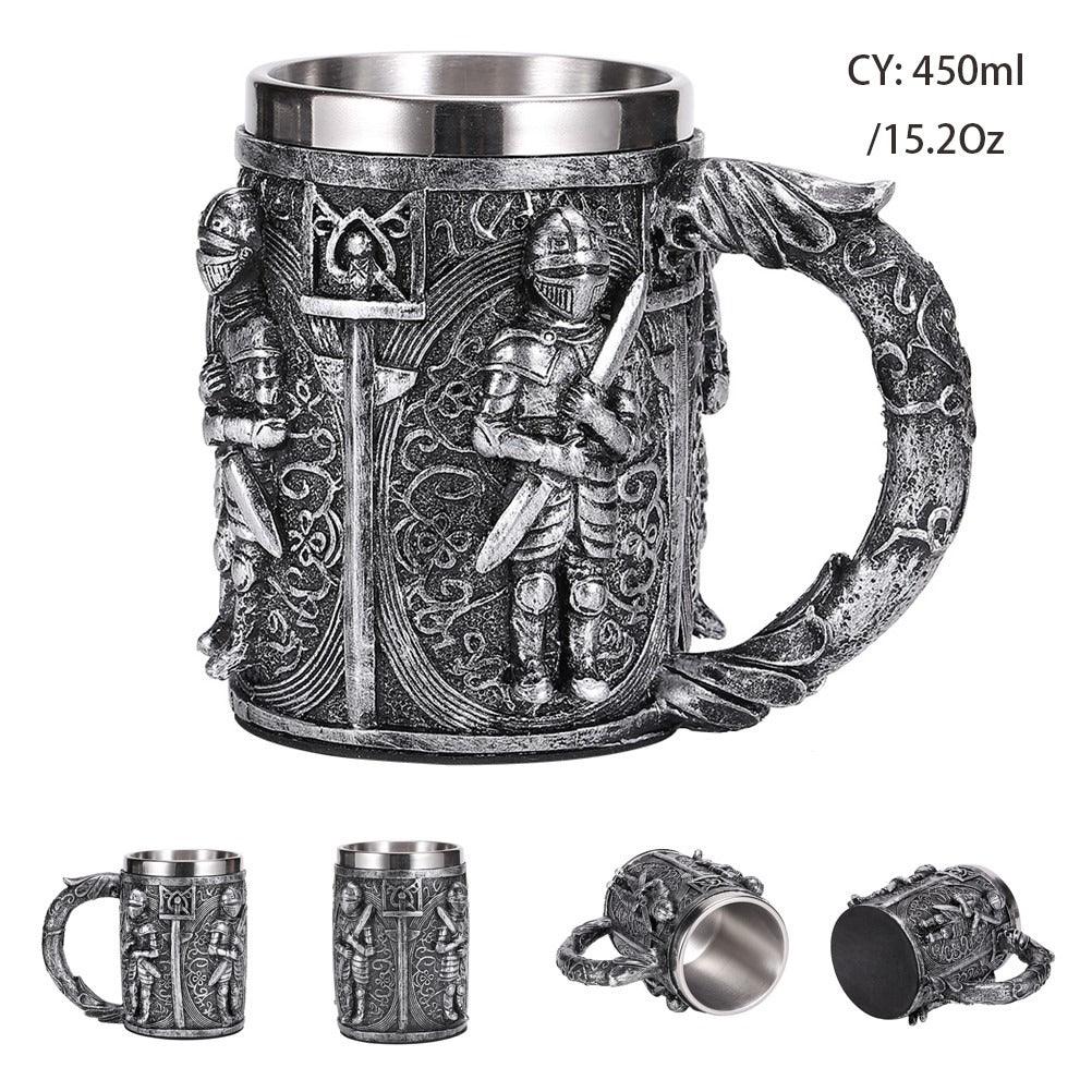 Vintage resin and stainless steel beer mug featuring royal warrior details, 450ml capacity, perfect for pub or home use.