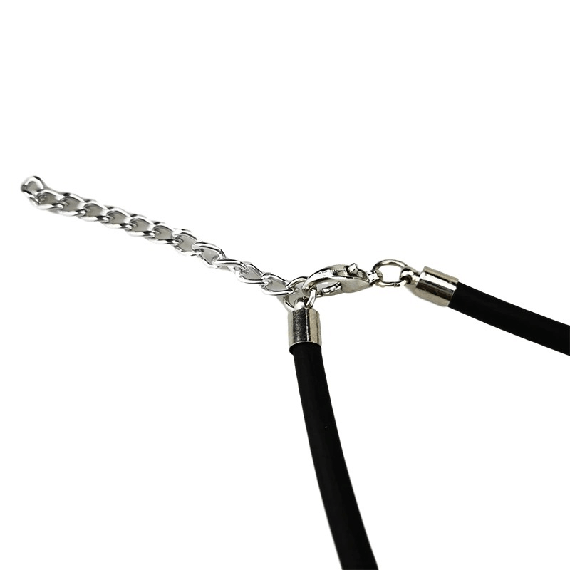 Close-up of a rubber necklace chain with a silver clasp, perfect for boho style accessories.