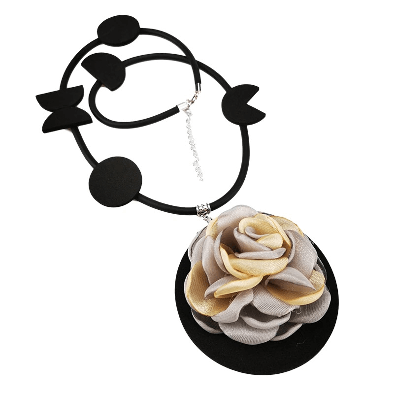Handmade boho flower pendant necklace in rubber with a gray and gold flower design, perfect for women's gothic accessories.