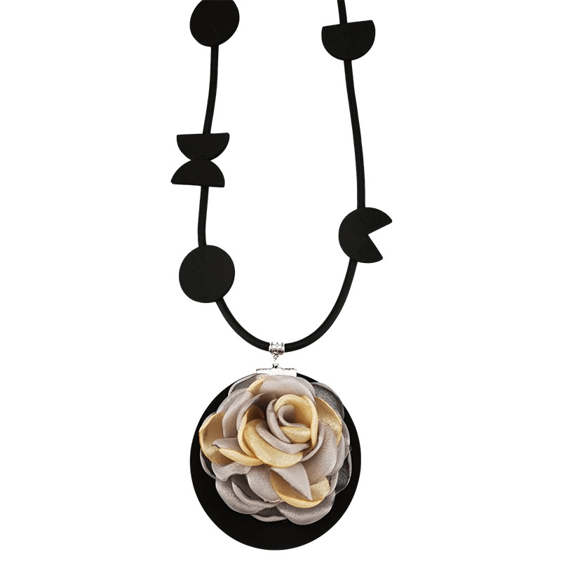 Handmade boho flower pendant necklace with black rubber accents and gray-gold floral detail, perfect for gothic women's accessories.