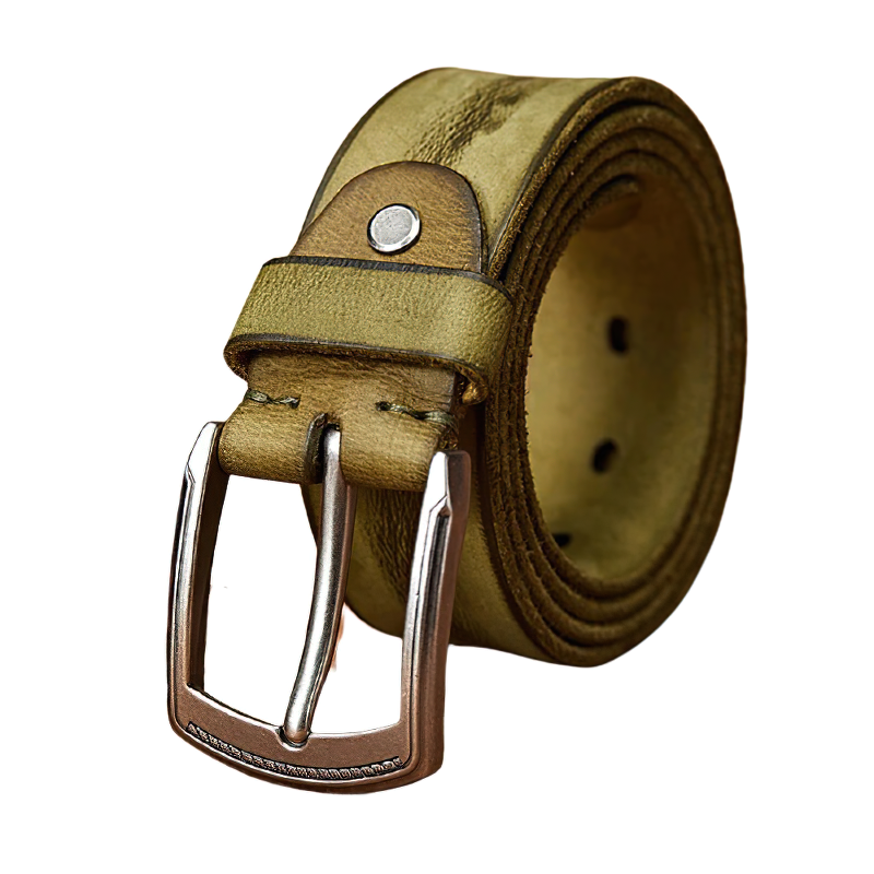Original cowhide belt with alloy buckle in olive green for casual outfits, perfect for jeans and everyday wear.
