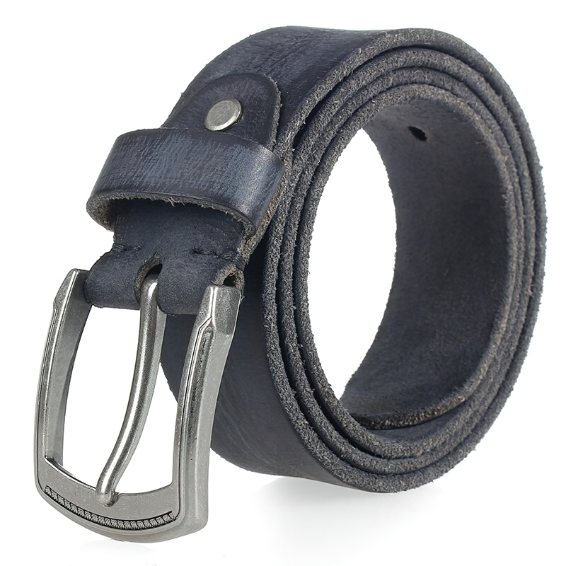 Original cowhide belt with alloy buckle, casual style for jeans, handmade, dark blue, stylish accessory.