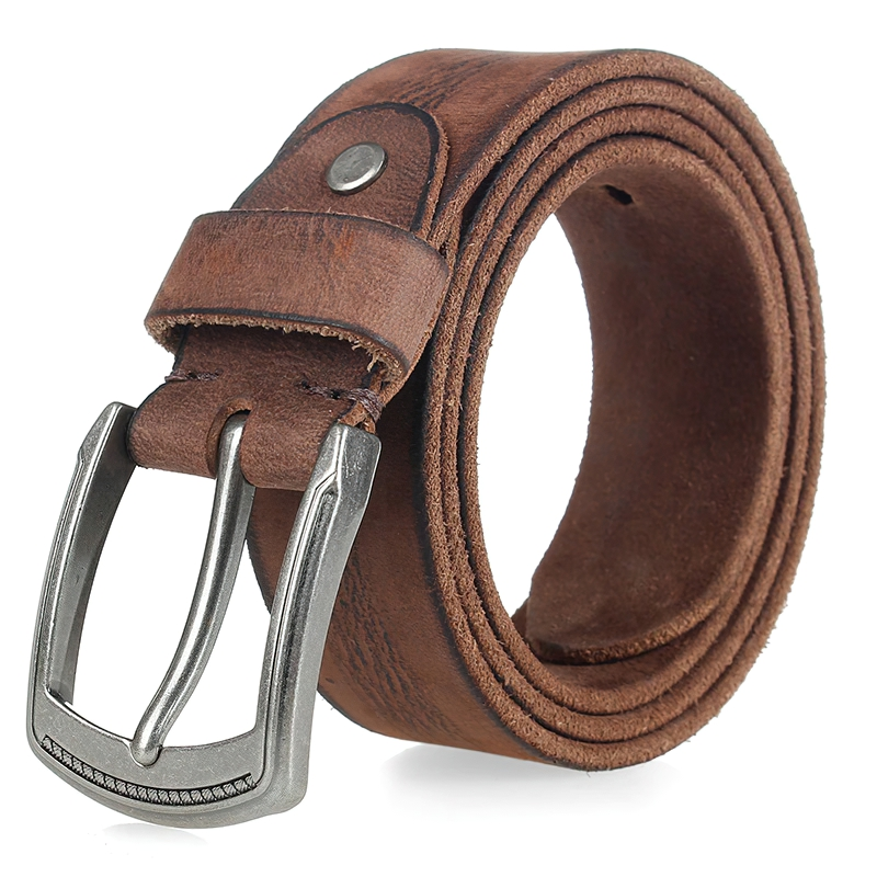 Handmade cowhide belt with metallic alloy buckle in brown, perfect for casual looks or stylish outfits.