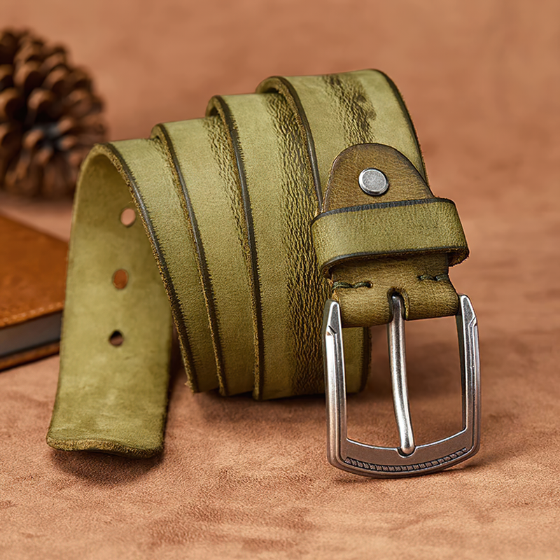 Stylish olive green cowhide belt with alloy buckle, perfect for casual outfits and versatile wardrobe essentials.