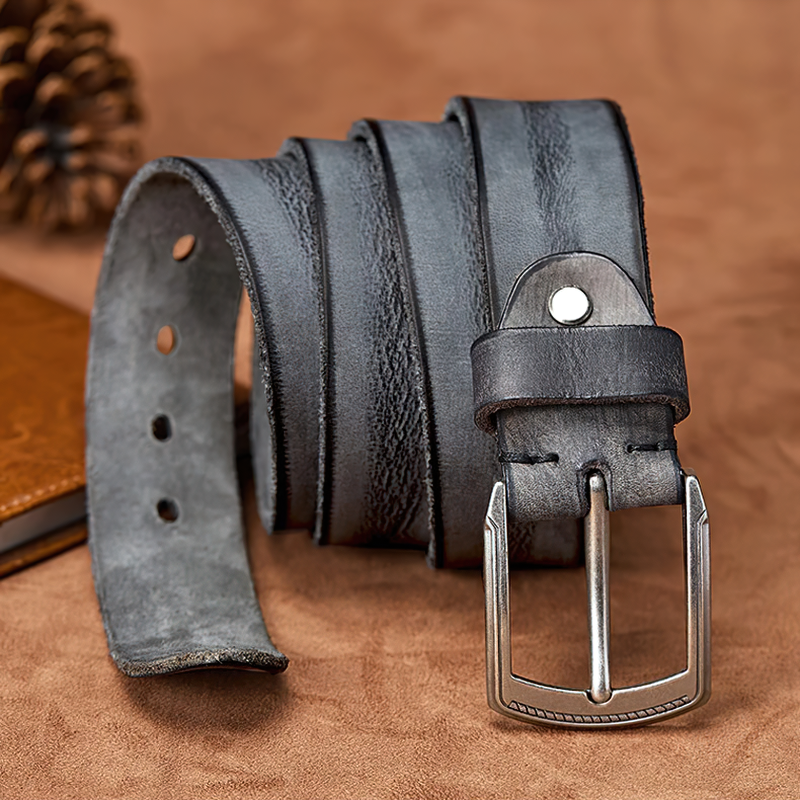 Stylish original cowhide belt with alloy buckle, perfect for casual outfits and jeans, showcasing sleek grey design.