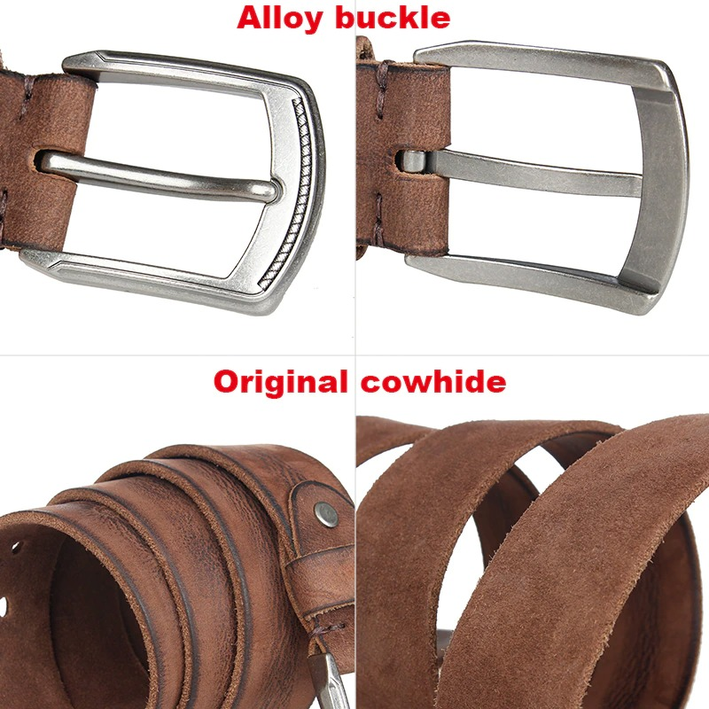 Close-up of an alloy buckle and original cowhide belt showcasing casual style and durability.