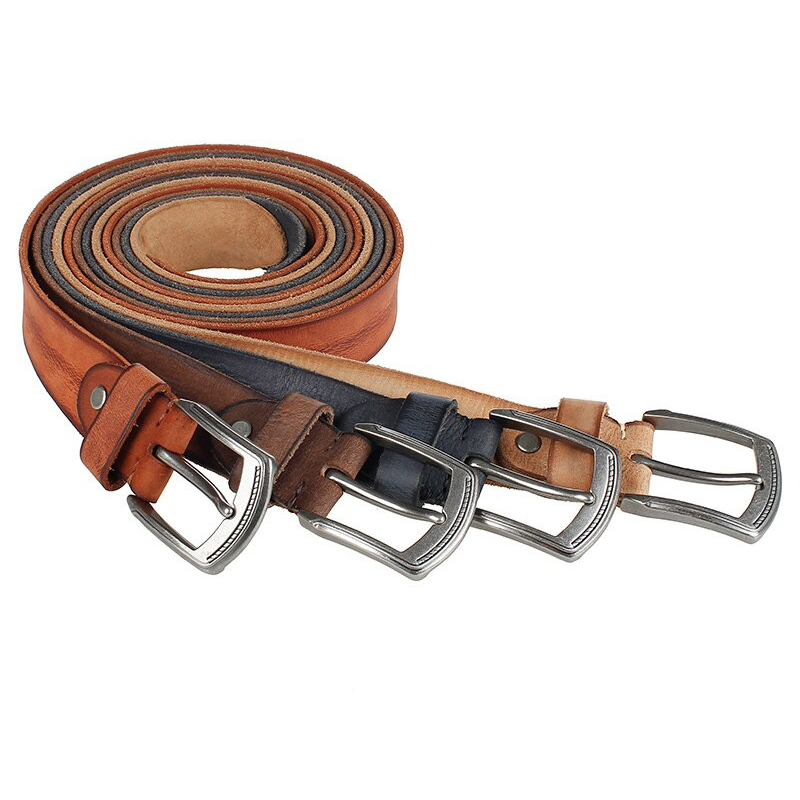 Various colored cowhide belts with alloy buckles, showcasing casual style for jeans and outfits.