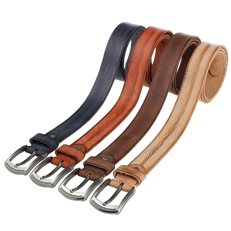 Four stylish cowhide belts with alloy buckles in black, brown, and tan colors, perfect for casual outfits.