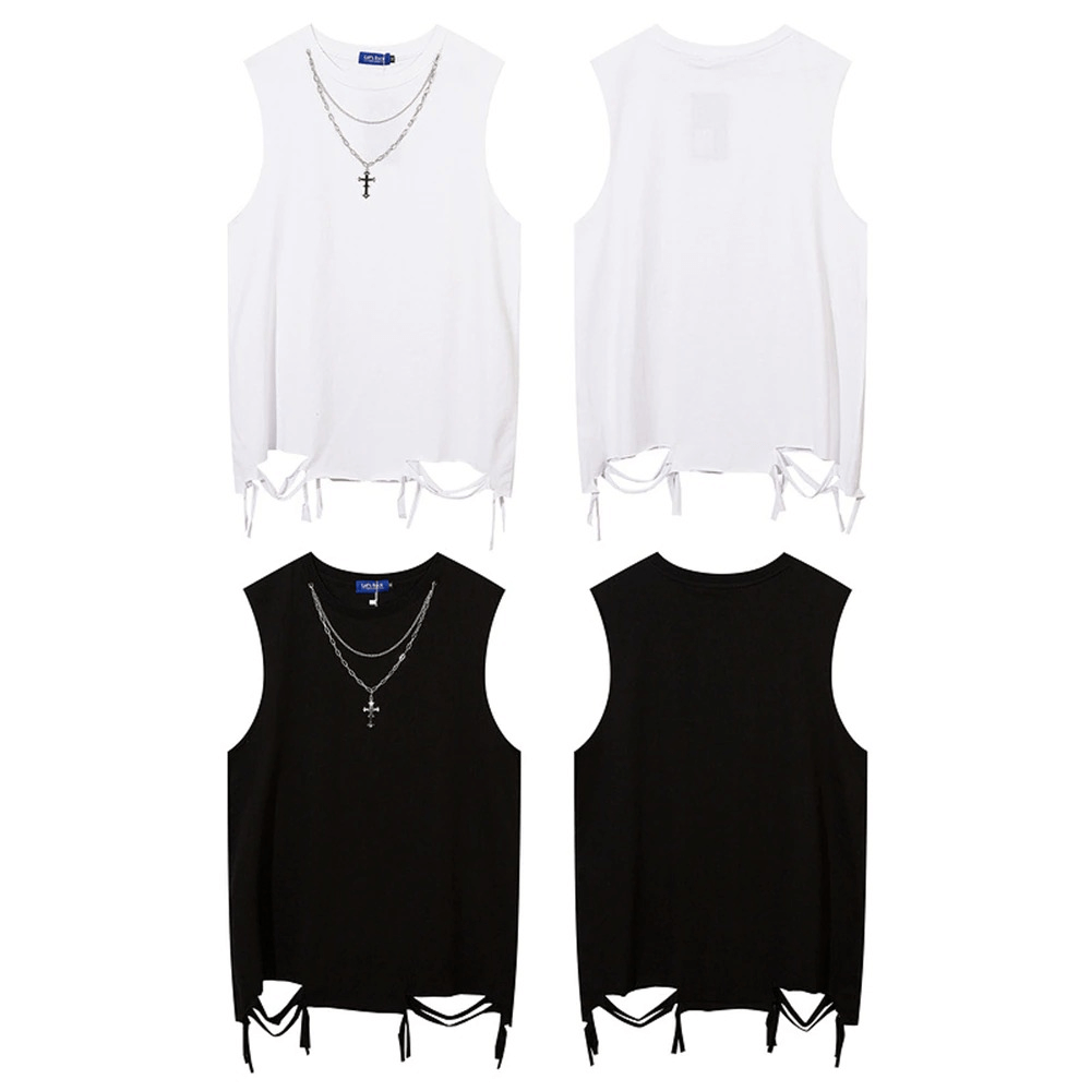 Men's cotton tank tops in black and white with chains and stylish cut, perfect for casual wear.
