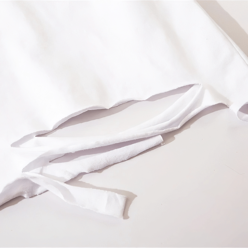 Close-up of a white men's tank top with chains, showcasing its trendy cut and casual hole design.