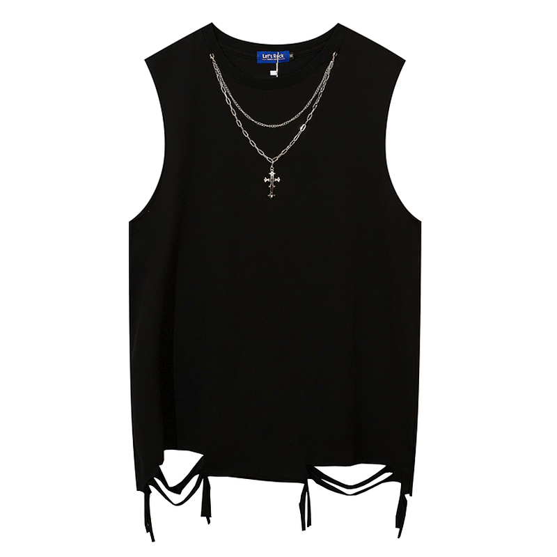 Trendy black cotton men's tank top with sleeveless design and stylish chain detail for casual wear.