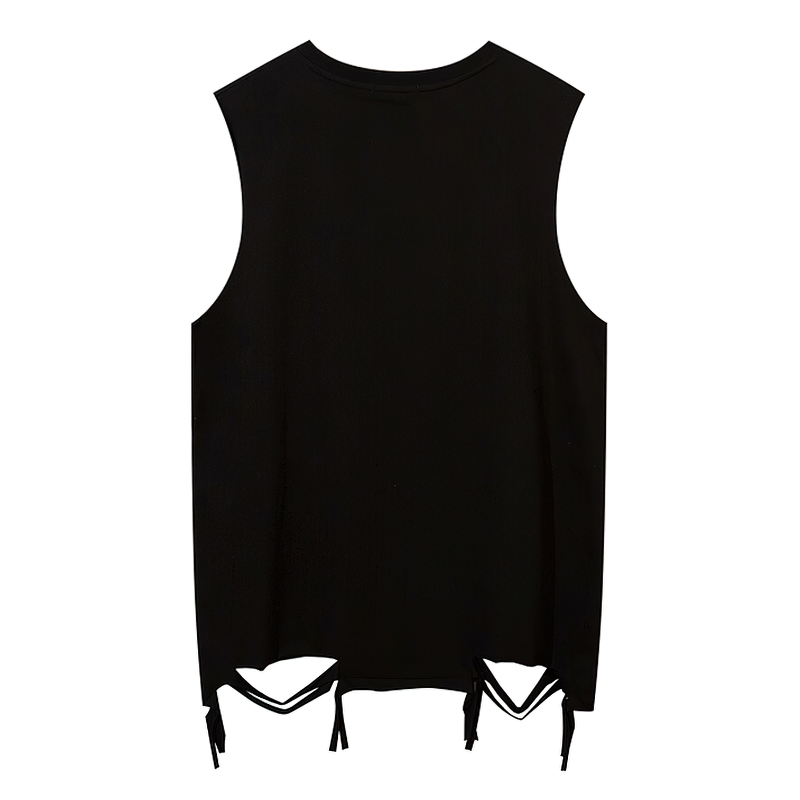 Black sleeveless men's tank top with casual holes and chain detail for a trendy look.