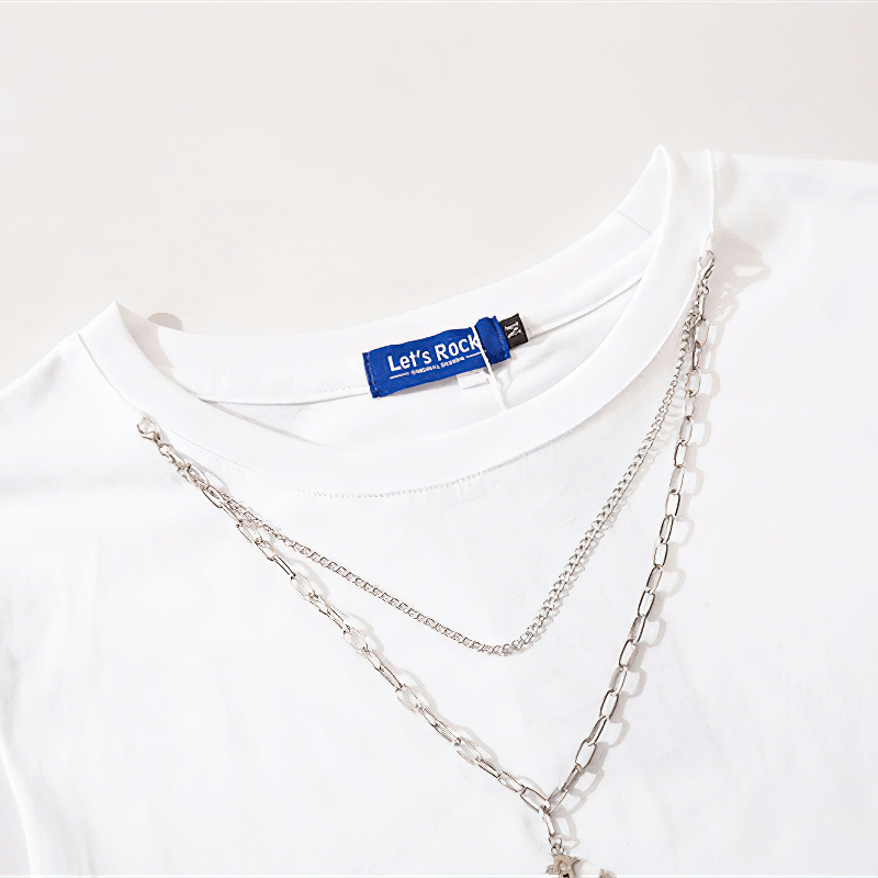 Trendy white men's tank top with stylish chain detail and Let's Rock label, perfect for casual wear.