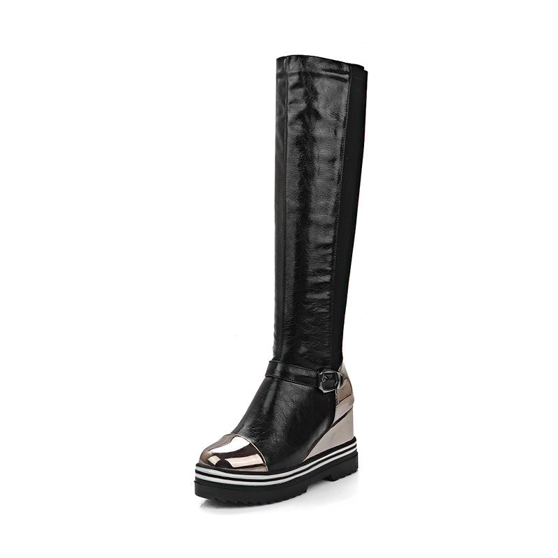 Original Design Knee-High Boots with Round Toe / Female Height Increasing Long Boots with Buckle - HARD'N'HEAVY