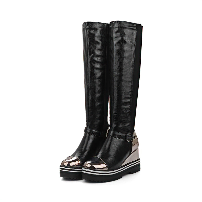 Original Design Knee-High Boots with Round Toe / Female Height Increasing Long Boots with Buckle - HARD'N'HEAVY