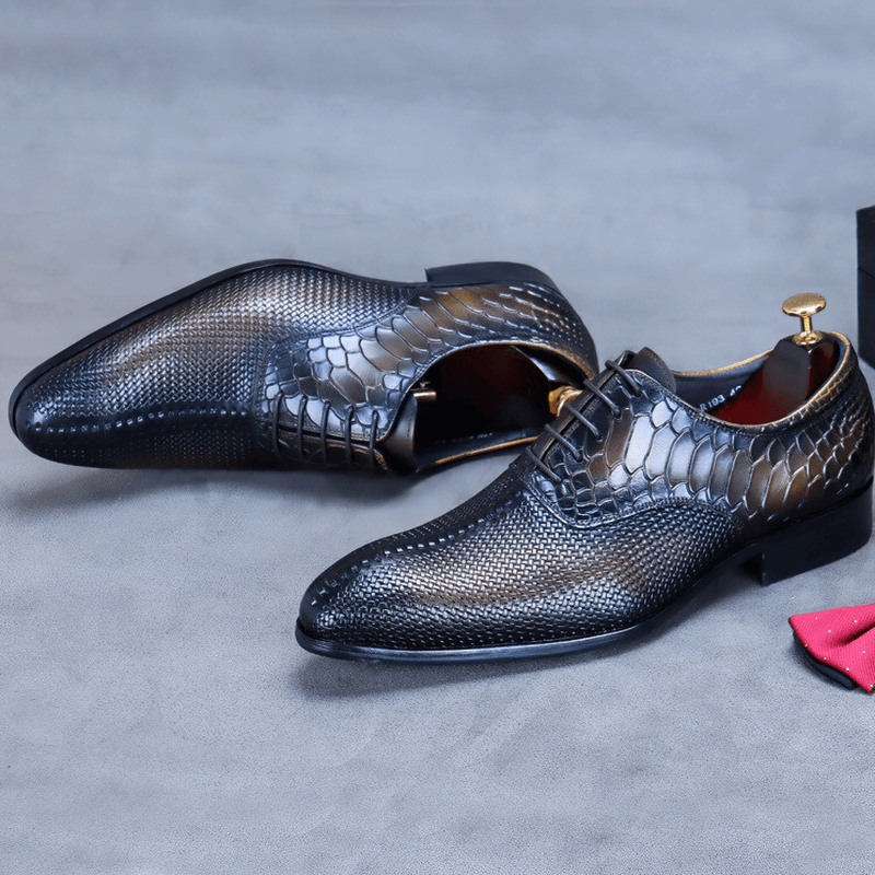 Stylish black leather lace-up Oxford shoes with exotic texture and elegant design for men.