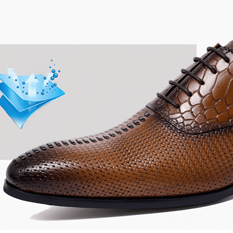 Stylish men's brown leather Oxford shoe with unique texture and water-resistant feature.