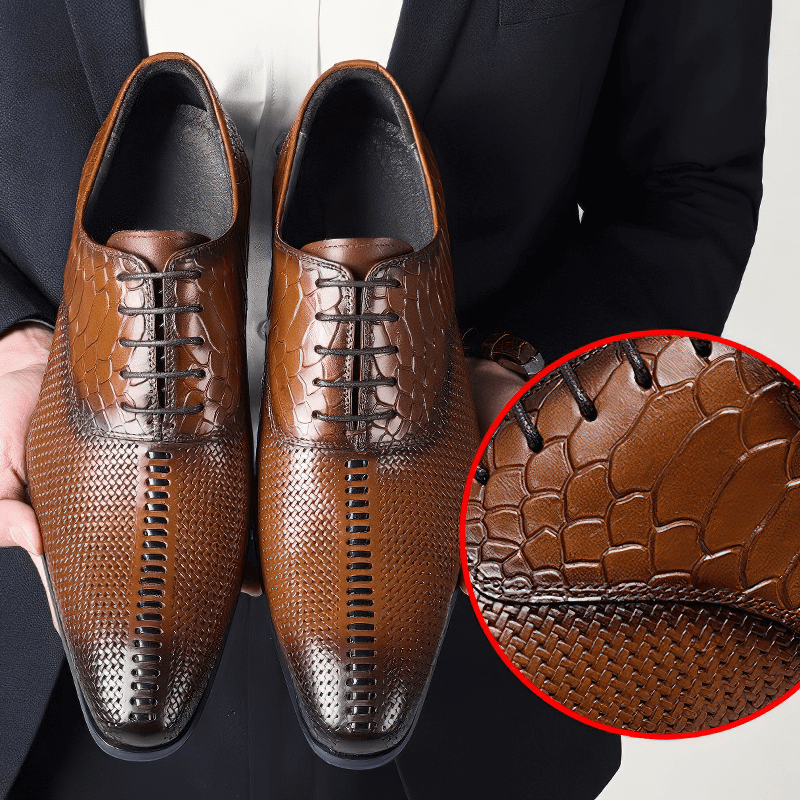 Stylish men's luxury lace-up leather Oxford shoes in brown with unique texture detail, perfect for any casual outfit.