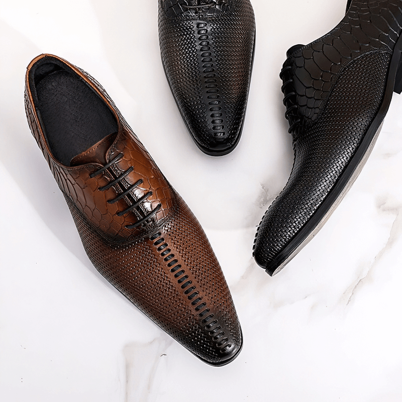 Men's luxury lace-up leather oxfords in brown and black with unique patterned design, perfect for a stylish casual look.