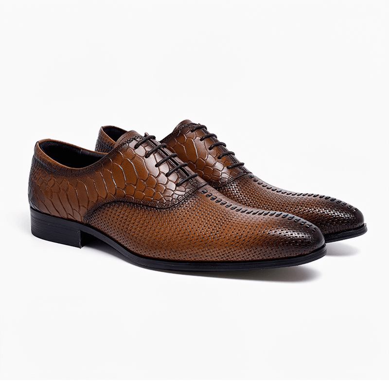Stylish men's luxury lace-up leather Oxford shoes in brown crocodile pattern, perfect for a casual yet elegant look.