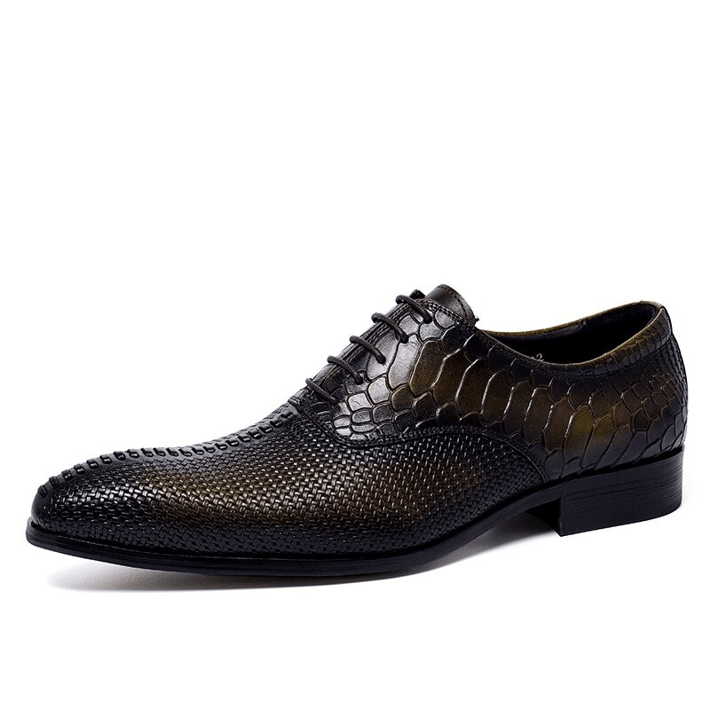 Stylish men's lace-up Oxford shoes in black leather with unique textured design perfect for any casual look.